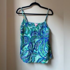 Lilly Pulitzer Green Blue Leaf Patterned Blouse Size M